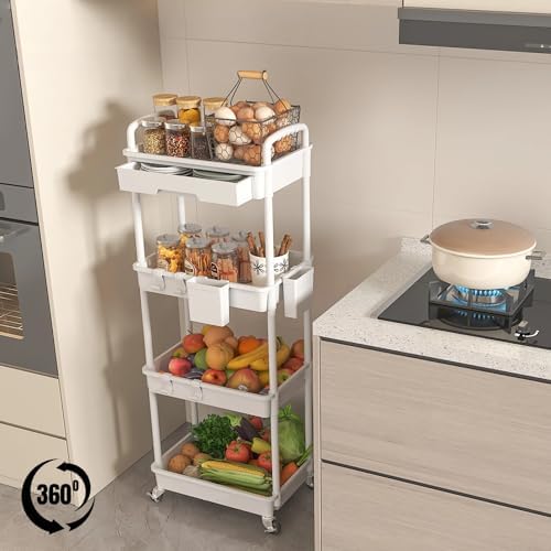 4 Tier Rolling Utility Cart with Drawer, Plastic Storage Organizer Rolling Carts with Wheels Handles Hanging Cups Hooks for Office, Bathroom, Kitchen,Craft Art Room (White) - Image 4