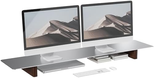 Aluminum Dual Monitor Stand Riser with Wooden Legs, 42.5" Wide by CHENOMiNL