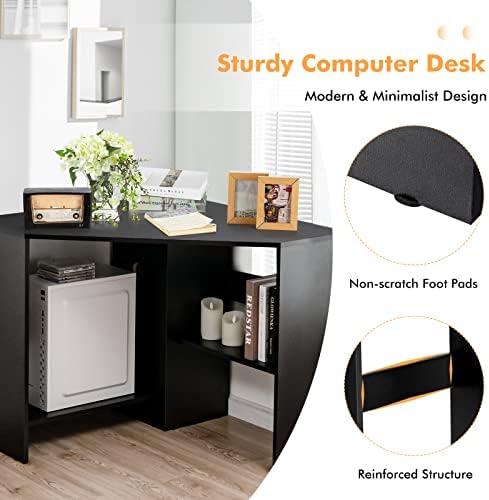 COSTWAY Corner Computer Desk, Space-Saving Triangular Writing Desk w/ 2 Storage Shelves & 2 Cable Holes, Multi-Functional Console Table for Small Space in Home Office, Living Room, Bedroom (Black) - Image 4