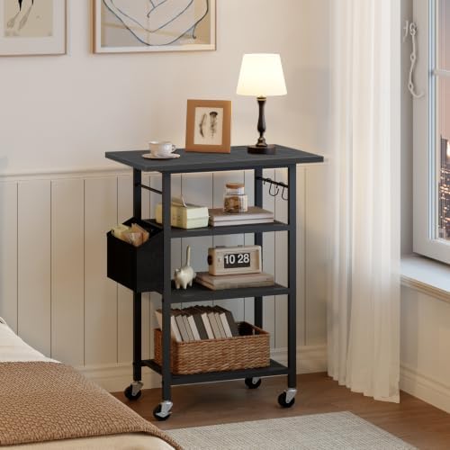 MAHANCRIS 4-Tier Printer Stand, Rolling Printer Table on Wheels, Industrial Storage Stand with Side Pocket, Wooden Tabletop, 2 S-Shaped Hooks, for Home Office, Black PTBK2601 - Image 6