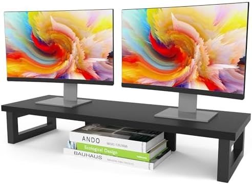 WESTREE Dual Monitor Stand Riser, Wood and Steel Monitor Stand Riser, Computer Monitor Stand for 2 Monitors, Multi-Purpose Desktop Storage Stand for Computer,Laptop,Printer,TV by WESTREE