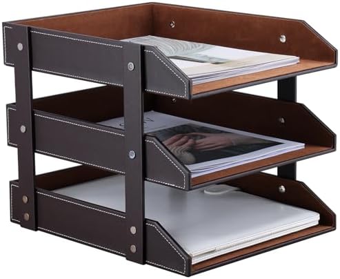 KINGFOM Letter Tray, Leather Paper Organizer Tray, Wooden Desk File Holder, Desktop File, Stackable Magazine Holder, Mail Sorter, Great for Home or Office - 3 Level Brown by KingfomLeatherHomeOfficeDecor