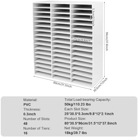 Literature Organizer with 48 Compartments, Adjustable File Sorter Mail Center, PVC Paper Storage Cabinet with Shelves for Home, Office & Classroom, White - Image 2