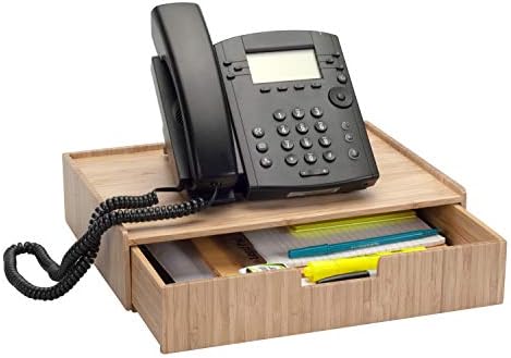 MobileVision Bamboo Telephone Stand with Drawer Stackable Storage Solution for Office Products Pens, Pencils, Scissors, Notepads, Business Cards and More by MobileVision