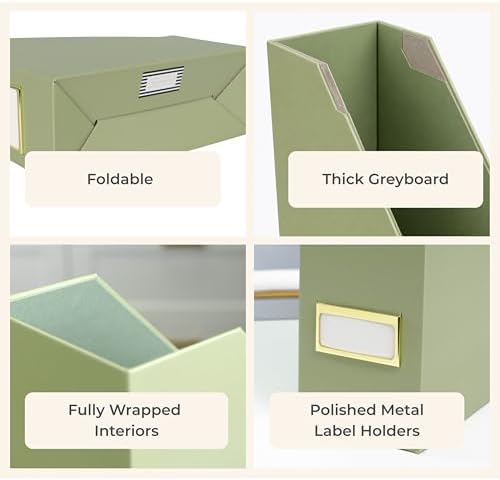 BLU MONACO | Set of 6 Foldable Magazine File Holders in Earth Green | Heavy-Duty Vertical File Organizers with Label Holders | Desk Organizer Set for Paperwork, Documents & Office Storage - Image 6