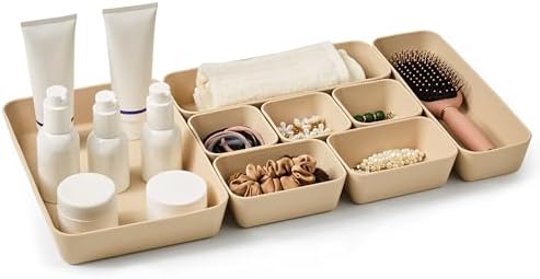 ISSEVE 8Pcs Silicone Bathroom Drawer Organizer Trays Set, 4 Sizes, Beige by ISSEVE