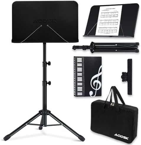 AODSK Sheet Music Stand,5 in 1 Dual-Use Folding Sheet Music Stand & Desktop Book Stand with Portable Carrying Bag & Music Sheet Clip Holder & Sheet Music Book(Black) (AS-M55) by GlobalMusicalInstrument