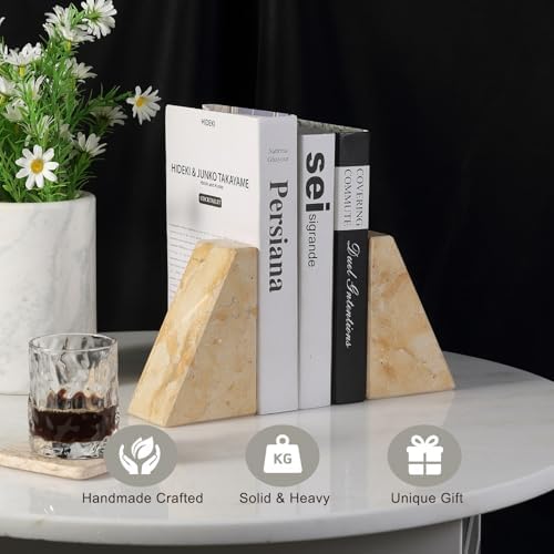 Koville Marble Bookends for Shelves, Large Bookends for Heavy Books, Non-Slip Heavy Duty Book Stopper for CD/Movies, Aesthetic Decorative Bookends for Shelves Table Home Decor(Gold) - Image 6