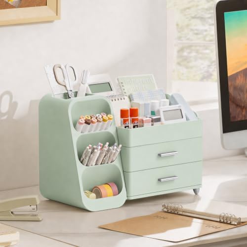 HBlife Desk Organizer with Pen Pencil Holder for Desk, Pen Organizer with 2 Drawers, Desk Organizers and Accessories with 4 Compartments, Desktop Storage for Office Home School Art Supplies, All Green - Image 7