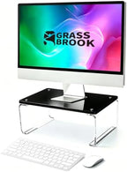 Acrylic Monitor Stand Riser L14" x H5" | Multi-Purpose Desk Organizer for Monitor & Laptop, Compatible with PC, Apple Studio Display and Printer, Ideal for Home Workspaces & Office Desks (Black) by GRASSBROOK