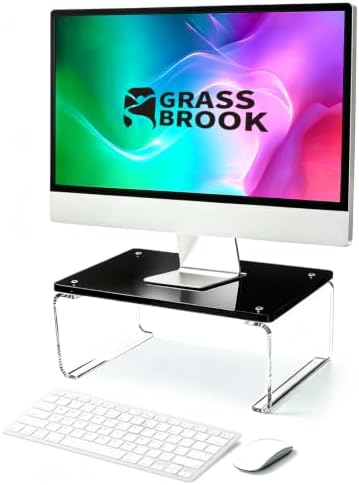 Acrylic Monitor Stand Riser L14" x H5" | Multi-Purpose Desk Organizer for Monitor & Laptop, Compatible with PC, Apple Studio Display and Printer, Ideal for Home Workspaces & Office Desks (Black) by GRASSBROOK