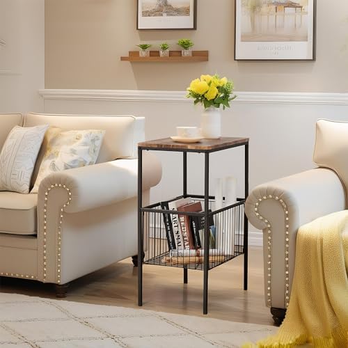 VECELO Tall End Table with Metal Basket,Nightstand with Shelf Storage Organizer, Wood Night Stand with Metal Frame, Waterproof for Bedroom, Living Room, Bathroom - Image 5