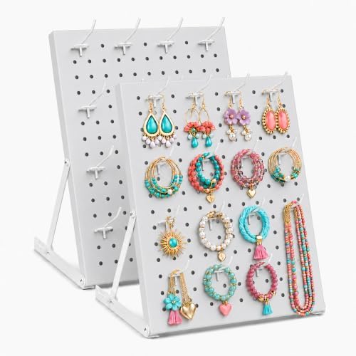 2 Pack Pegboard Display Stand, Metal Peg Board with 32 Hooks, Adjustable Angle & Foldable Design, Thick Steel Panel, Durable Tabletop Rack 16''x12'' for Vendor Display, Craft Show, Jewelry Display (white) by Unknown