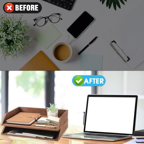 Beeveer 2 Pcs Dark Wood Letter Tray Wooden Desk Paper Organizer 2 Tier Stackable Load Documents Desktop Tray Drawer File Folder Magazine Office Accessories for Home Office Back to School - Image 5
