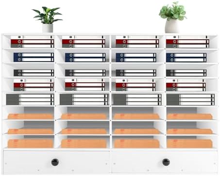 32 Compartment Desktop Literature Organizer, Adjustable Desktop File Sorter, Stackable Paper Organizer,Mail Center Magazine Storage Holder with 2 Drawers for Home, Office, Classroom,White by KONGKUNI