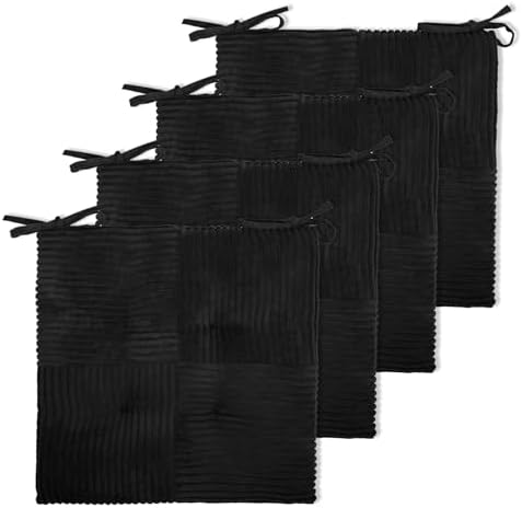Office Stacking Chair Cushions 4 Pack, Corduroy High Density Foam Kitchen Seat Cushions with Ties, Square 17" x 17" Indoor Non-Slip Dining Chair Pads, Black, 4pcs by Zalvox
