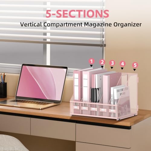 5 Vertical Compartments Magazine File Holder, Metal Binder Organizer, Pink - Image 5