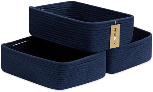 MiniArk Large Shallow Organizing Baskets 15x11x5.1 Inches - Rope Woven Storage Bins for Bathroom, Shelves, Cube Closet, Navy Blue 3 Packs by MiniArkStorageBasketsHome