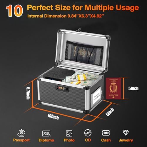 10.2 x 7 x 7.5 Inch Combo Lock Storage Box - Portable Safe for Valuables, Cash, Documents & Medicine | Heavy-Duty & Childproof | Home, Office, Travel Use (Black) - Image 3