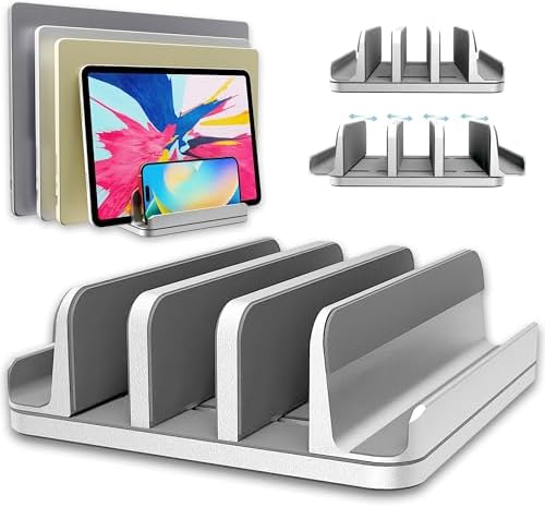 Adjustable Laptop Stand, 5 Slots, Aluminum Space-Saving, for Apple MacBook/Surface/Galaxy/Tablet/iPad/iPhone, Silver by TEFONIA