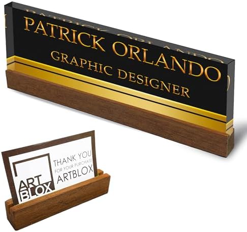 Artblox Personalized Office Desk Name Plate With Business Card Holder | Clear Acrylic Glass with Teak Wood Stand | Black Gold Stripe Design Customized with Your Name and Credentials Office Desk Décor by Artblox