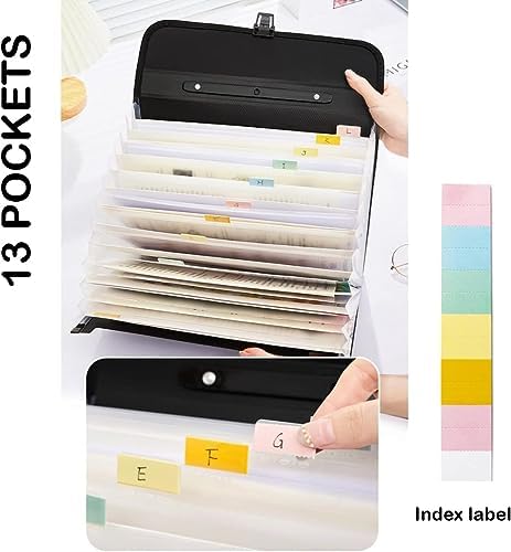 12 Pockets Letter Size/A4 Accordion File Organizer with Handle, TRANBO Expanding File Folder, Portable Paper Organizer, Expandable Plastic Document Organizer for Travel School Office - Black - Image 2