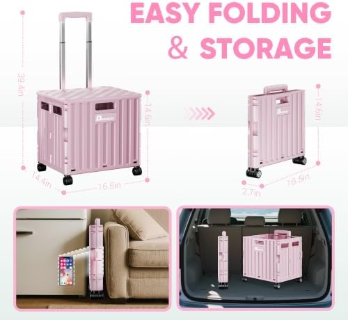 Folding Utility Cart with Lid, Portable Rolling Crate Handcart Collapsible Shopping Trolley, Durable Plastic Foldable Tool Basket with 4 Rotate Wheels for Grocery, Office, Luggage, School - Pink - Image 4