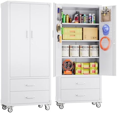 SUXXAN Rolling Storage Cabinet with 2 Doors and 2 Drawers, Heavy Duty Metal Storage Cabinet with Shelves, Locking Steel Cabinet for Warehouse, Home, Office (White) by SUXXANFurniture