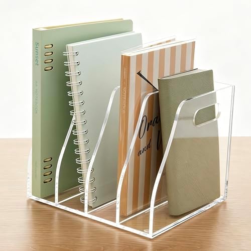 Clear Acrylic Magazine File Holder with Handles, 4-Slot Heavy-Duty Desk Organizer, Vertical Document Sorter & Book Rack for Office, Home & Classroom, Thick 5mm Tabletop Storage, 7.1x8.1x6.3 in by AIMOLLYACRYLICSTORAGE