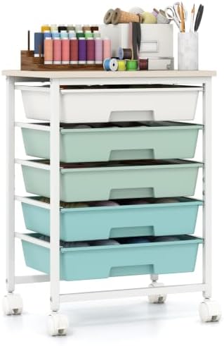 Giantex 5 Drawers Rolling Cart with Wheels, Wood Top, Sturdy Frame by Giantex