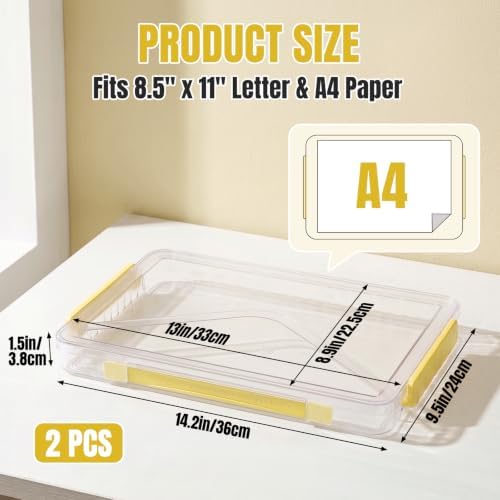 Clear Document Box, Portable A4 Paper Storage Organizer with Snap Latches, Stackable File Case for Certificates Photos Letter Size, Magazine Protector, 14.37" x 9.44" x 1.37" (2 Pack), Yellow - Image 2
