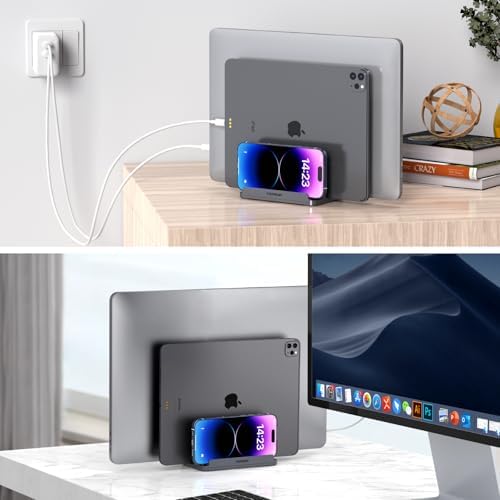YICOSUN 3-Slot Aluminum Vertical Laptop Stand for Desk - Adjustable Width Dock for MacBook, Surface, Samsung, HP, Dell up to 17.3 inches - Space-Saving & Protective Design - Gray - Image 5