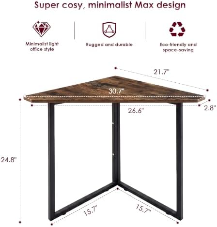 VECELO Corner Desk,Office Tables for Living Room for Small Space Triangle Computer Desk with Steel Frame Corner Shelves with Metal Frame Writing Desk for Workstation Classic Brown 30.7" - Image 2