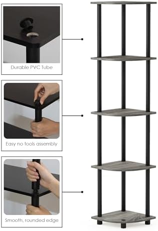 Furinno TURN-N-TUBE Corner Shelf, 5-Tier Corner Bookshelf, Open Storage Shelves, for Organization and Storage, Living Room, Home Office, Garage, Bedroom, French Oak - Image 4