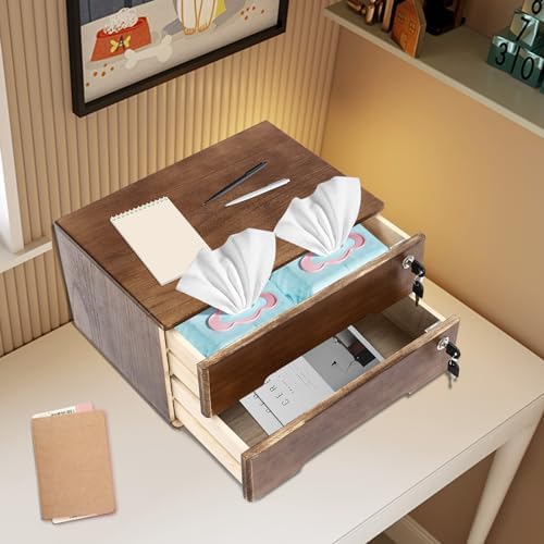 Wooden Desk Organizer with Lockable Drawers, 2-Tier Countertop Storage Cabinet File Cabinet Jewelry Organizer Home Office Supplies Organization Unit (Walnut-2 Lock) - Image 2