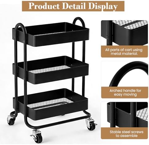 3 Tier Metal Rolling Cart, Utility Storage Cart Shelf Organizer with Wheels for Home & Office, Black - Image 5
