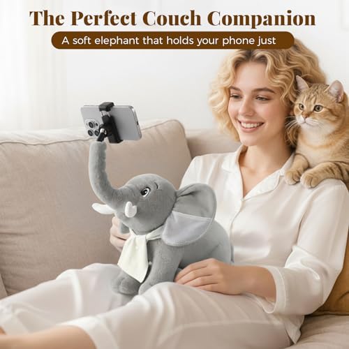Phone Holder, Phone Mount with 360° Rotating Clip 45° Adjustable Trunk, Elephant Stuffed Animal with Ear Pockets Glasses Cloth Scarf & Back Headphone Fit, Cell Phone Holder for Desk Bed Sofa Car- Gray - Image 3
