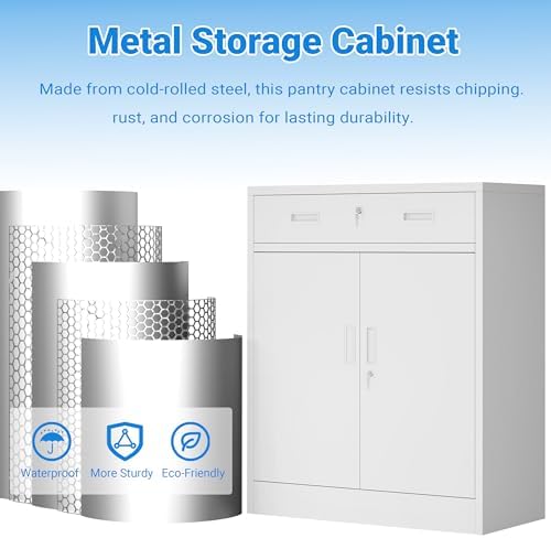 BESFUR Metal Storage Cabinet with Doors and Shelves, 36" H Locking Storage Cabinet with 1 Drawers, Reinforced Heavy Duty Metal Cabinets for Garage, Office, Home(White) - Image 5