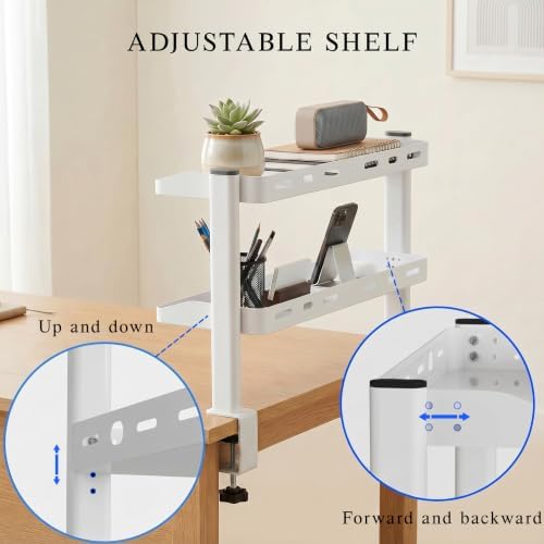 Clamp on Desk Shelf White, 24in 2-Tier Office Desk Shelves Organizer, Shelf for Top of Desk with Headphone Holder and Hooks, Desktop Storage Rack for Home Workspace, Study Rooms, Gaming Accessories - Image 5