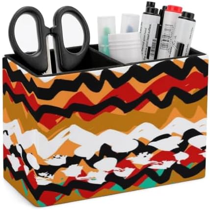 PU Leather Multi-Compartment Pen Holder Desktop Organizer Pencil Cup Storage Caddy for Office Home Supplies Bold Brushstrokes And Zigzag Lines with Ethnic And Tribal Motifs by Unknown