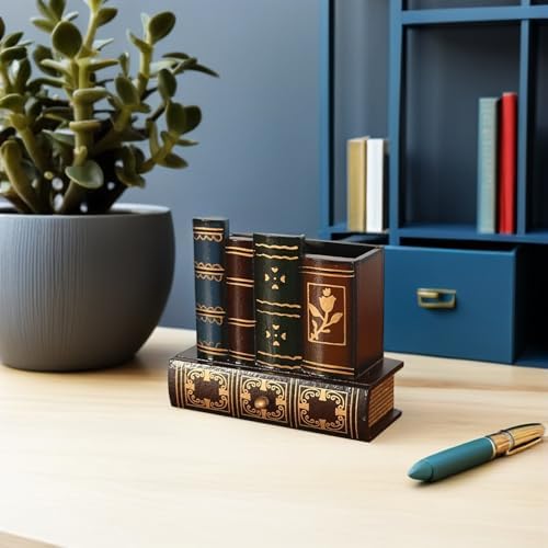 NUOBESTY Retro Pen Cup Holder Book Style Wooden Pencil Organizer Desktop Remote Pen Compartment Stand Home School Office Faux Book Pencil Caddy - Image 5