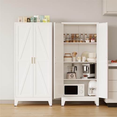 COFaR 61'' Tall Metal Storage Cabinet, Farmhouse Kitchen Pantry Cabinet with Doors and 3 Adjustable Shelves, White Metal Cabinets for Kitchen, Bathroom, Laundry, Garage, 4-Tier by COFAR