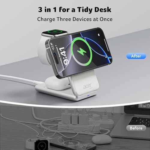 Acer 3 in 1 Charging Station for iPhone, Wireless Charger Stand,15W Fast MagSafe Charger for iPhone 17 16 15 14 13 12 Series-Apple Watch 11 10 9 8 7 6 5 4 3 2 SE and Ultra Series-Airpods 4 3 2 Pro - Image 4