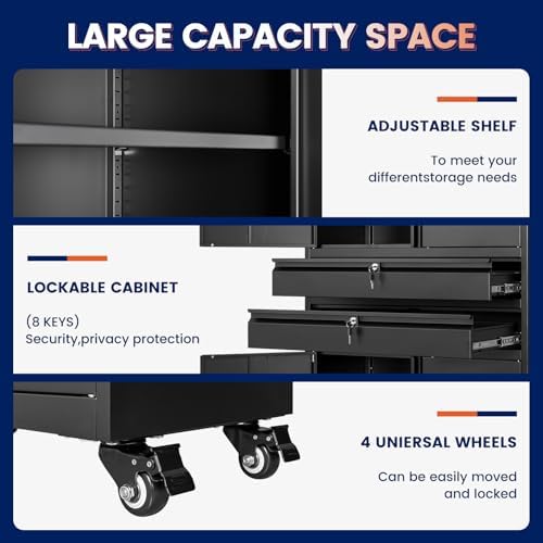 Yizosh Metal Garage Storage Cabinet with Locking Doors and Adjustable Shelves, 74" Rolling Tool Storage Cabinet with 4 Wheels and 2 Drawer for Garage,Warehouse - Image 4