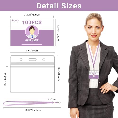 Segarty Lanyards with ID Holder, 100 Pack Horizontal Plastic Name Tags Badge Neck Lanyard Key Card Bulk, Light Purple Strap Clips Clear Ziplock Nametag Holders for Women, Business, Student, Schools - Image 2