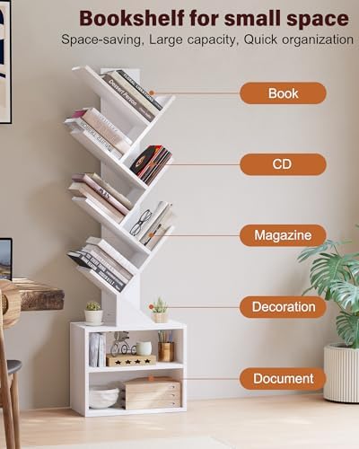 SUNMORY 6 Tier Tree Bookshelf, Tall Small Bookcase with Storage Cabinet - Image 6