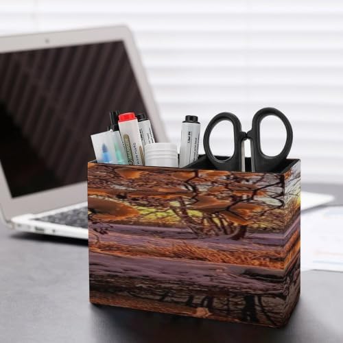 PU Leather Multi-Compartment Pen Holder Desktop Organizer Pencil Cup Storage Caddy for Office Home Supplies Winter Sunset - Image 5