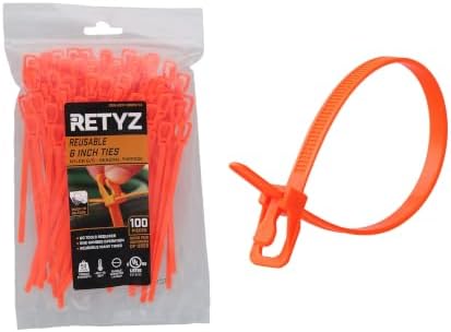 RETYZ 6-Inch Fluorescent Orange Reusable Releasable Cable Ties – 100 Pack, 50 lb Strength, Patented Quick-Release, Tool-Free Design for Home, Office, and Light Industrial Use by RETYZ