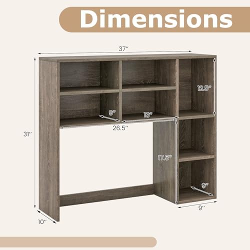 LDAILY 3-Tier Desktop Bookshelf, Wooden Desk Hutch for Computer Monitor Up to 32 Inch, Desk Organizer Shelf with Adjustable Shelf & 6 Storage Shelves, Desk Display Rack for Home Office Dorm (Grey Oak) - Image 2