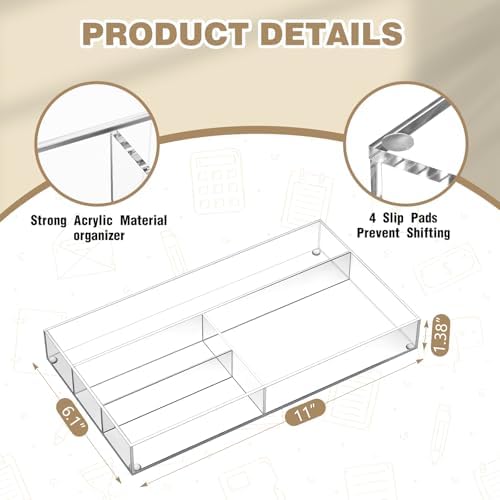 Briwooody 2 Pcs Clear Acrylic Desk Drawer Organizer 11 x 6 x 1.38 Inch Drawer Organizer Trays with 4 Compartments Desk Accessories for Office Makeup Silverware Bathroom - Image 2